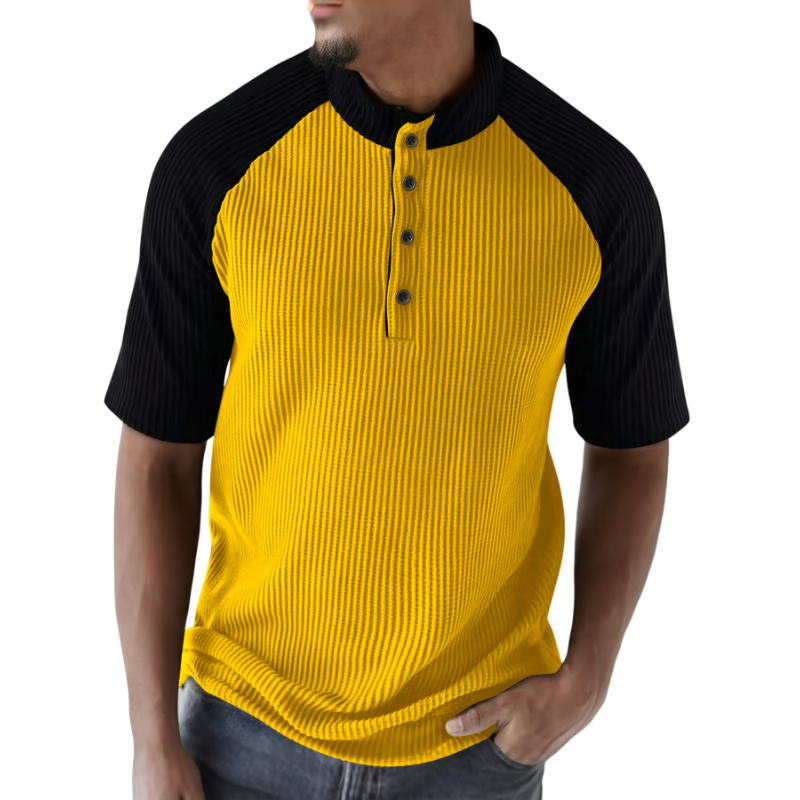 Men's Casual Contrast Color Pitted Henley Collar Loose Short Sleeve T-Shirt
