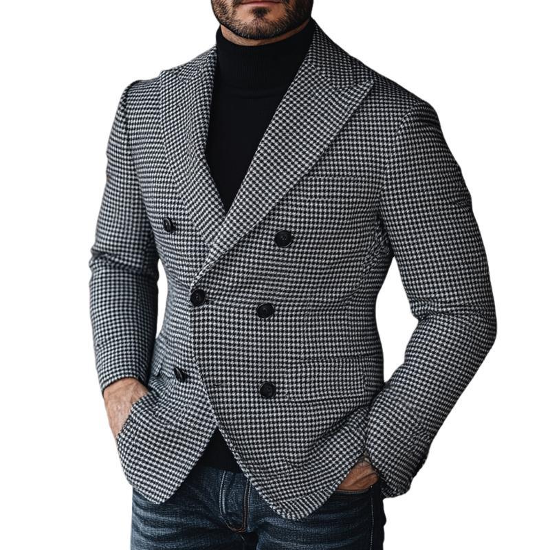 Men's Vintage Houndstooth Lapel Double Breasted Blazer