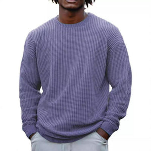 Men's Solid Color Waffle Round Neck Long Sleeve Sweatshirt