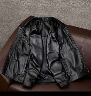 Chaqueta de cuero vintage con solapa y doble bolsillo en el pecho para hombre