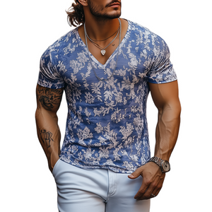 Camiseta informal de manga corta de algodón desgastado con cuello en V y corte ajustado para hombre