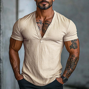Men's Solid Color V-neck Short-sleeved Cotton T-shirt