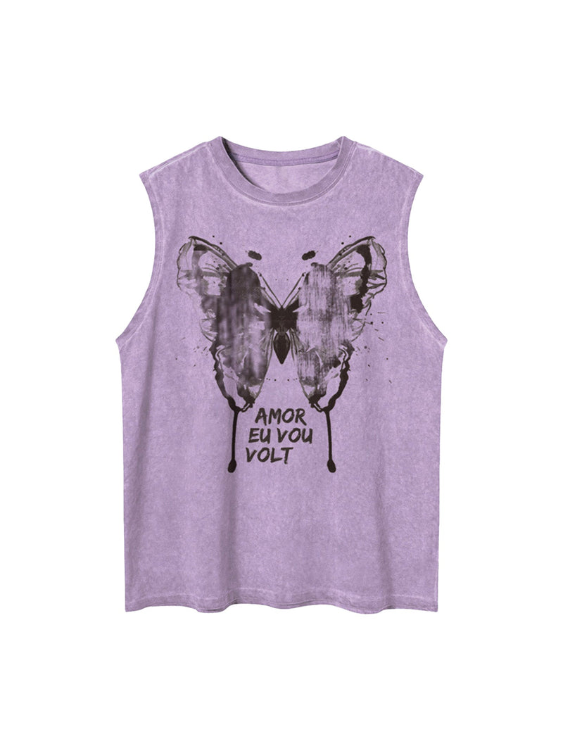 Washed Distressed Butterfly Print Vest