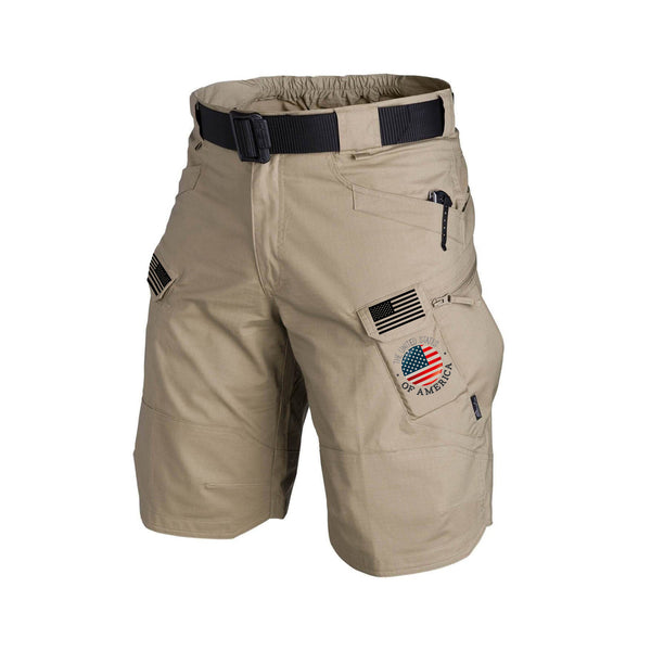 USA FLAG LETTERS TACTICAL MULTI POCKETS 11'' INSEAM PERFORMANCE CARGO SHORTS WITHOUT BUCKLE BELT