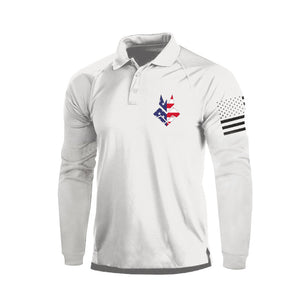 POLO DE MANGA LARGA RAGLÁN CON BOTÓN 1/4 Y ESTAMPADO DE BANDERA DE EE. UU. DEFORMEDV