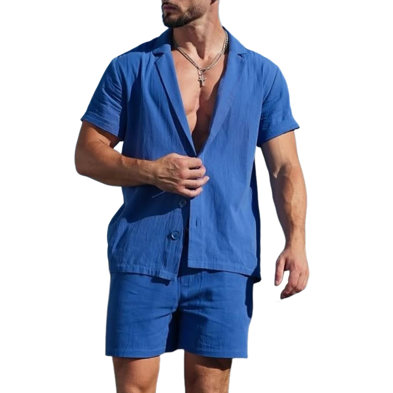 Conjunto casual de camisa y pantalones cortos de manga corta con solapa y muesca para hombre