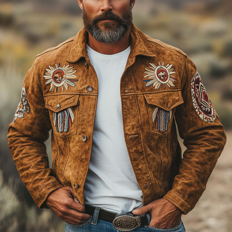 Leichte Wildlederjacke mit Vintage-Stickerei für Herren