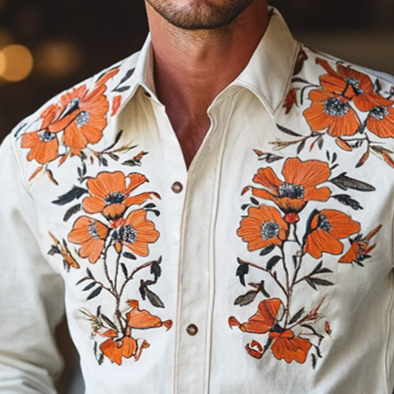 Camisa vintage de manga larga con solapa bordada para hombre