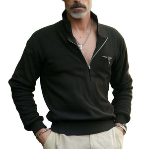 Men's Stylish Black Half-Zip Stand Collar Sweatshirt