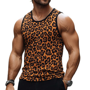 Camiseta sin mangas con cuello en V, estampado de leopardo retro, transpirable y agradable para la piel para hombre
