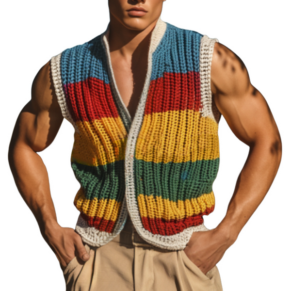 Chaleco informal de punto con cuello en V y rayas de colores para hombre, con botonadura sencilla