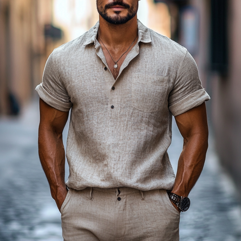 Men's Casual Linen Lapel Patch Pocket Pullover Short Sleeve Shirt