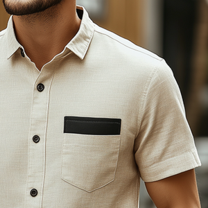 Men's Retro Casual Linen Colorblock Simple Lapel Pocket Short Sleeve Shirt