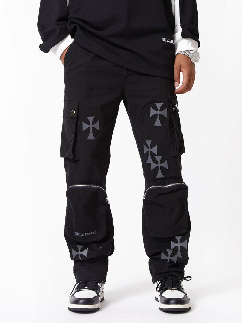 Cross Printed Multi-Pocket Casual Pants