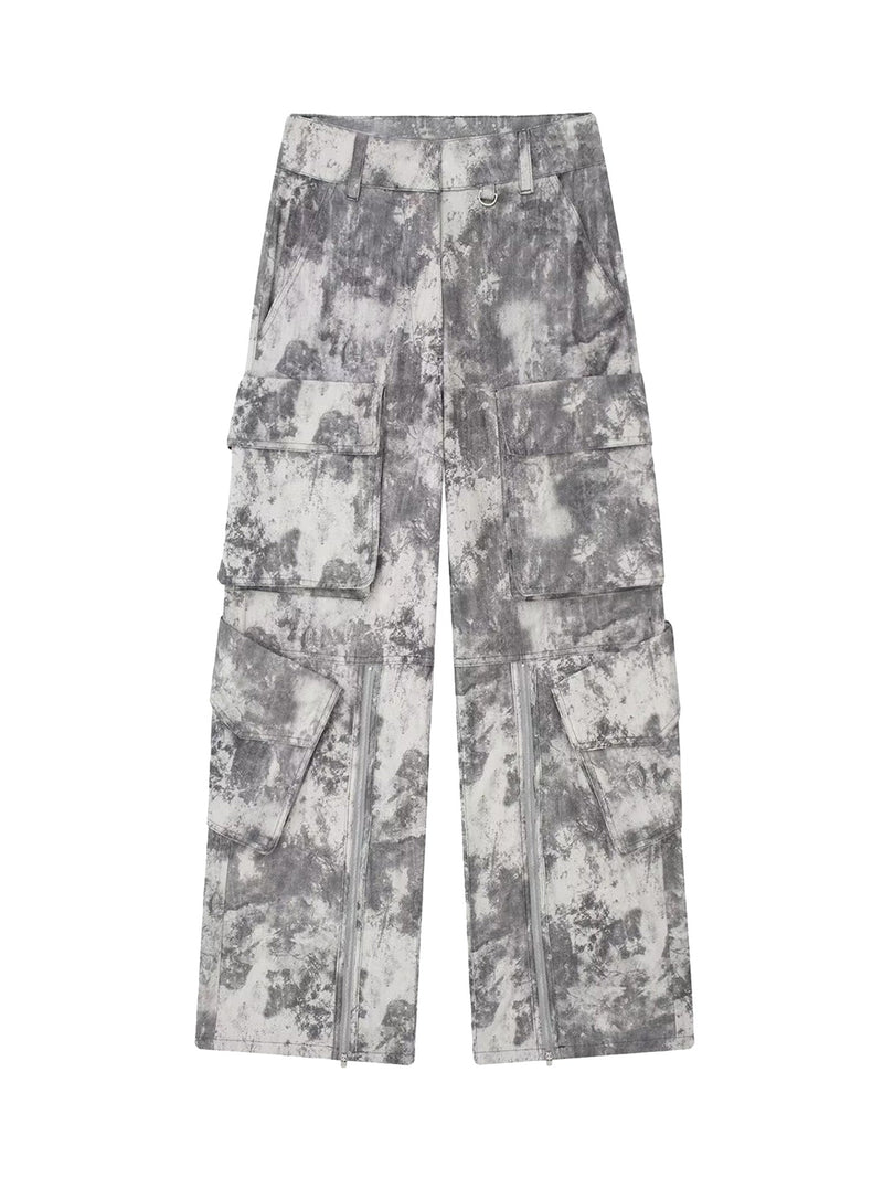 French Loose Pocket Printed Mid-rise Cargo Pants