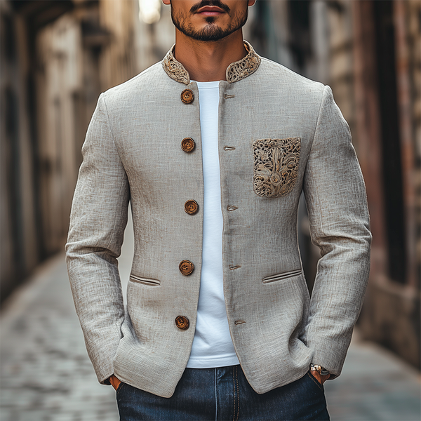 Men's Classic Retro Stand Collar Pocket Embroidery Thin Cotton And Linen Jacket MTA2435C3K