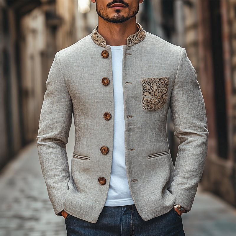 Men's Classic Retro Stand Collar Pocket Embroidery Thin Cotton And Linen Jacket MTA2435C3K