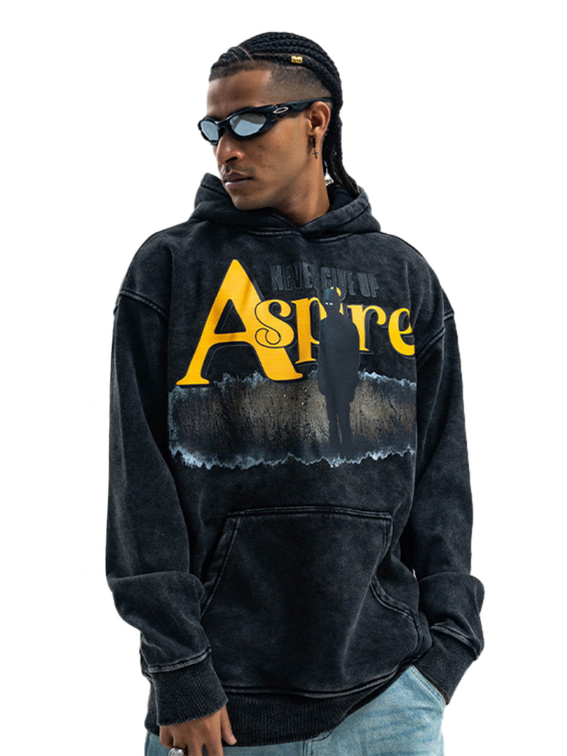 Heavy Washed Letter Portrait Print Fleece Hoodie