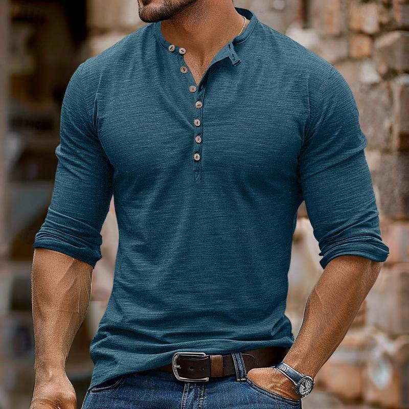 Camiseta informal de manga larga con cuello henley y múltiples botones para hombre
