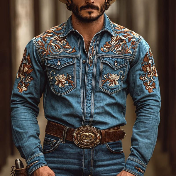 Men's Western Cowboy Style Embroidered Lapel Chest Pocket Long Sleeve Denim Shirt