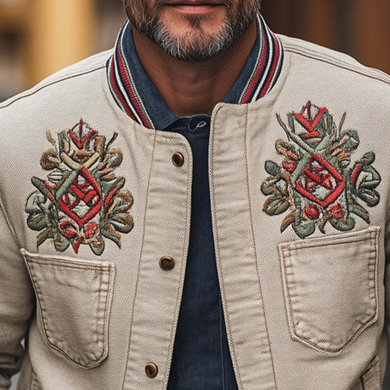 Men's Khaki Grainy Textured Embroidered Jacket