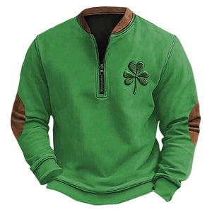 Sudadera Henley vintage con cremallera y bordado de trébol del Día de San Patricio para hombre