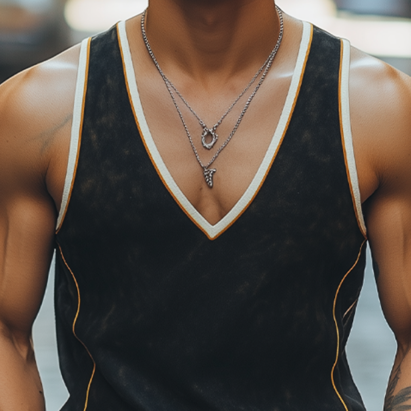 Herren Sommermode Lässiges Tanktop aus Wildleder mit tiefem V-Ausschnitt und Kontrastfarbennähten