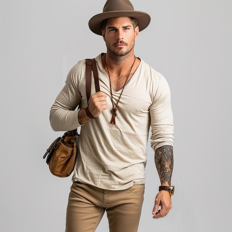 Camiseta informal de algodón con cuello en V y manga larga ajustada para hombre