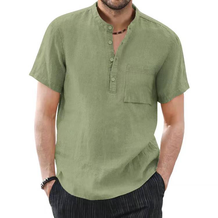 MEN'S STANDING COLLAR COTTON LINEN SHORT SLEEVED SOLID COLOR SHIRT