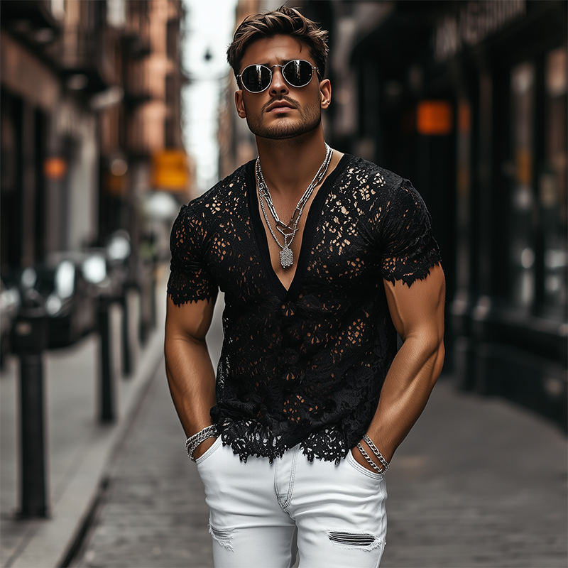 Herrenmode, sexy, Spitze, tiefer V-Ausschnitt, kurzärmeliges T-Shirt