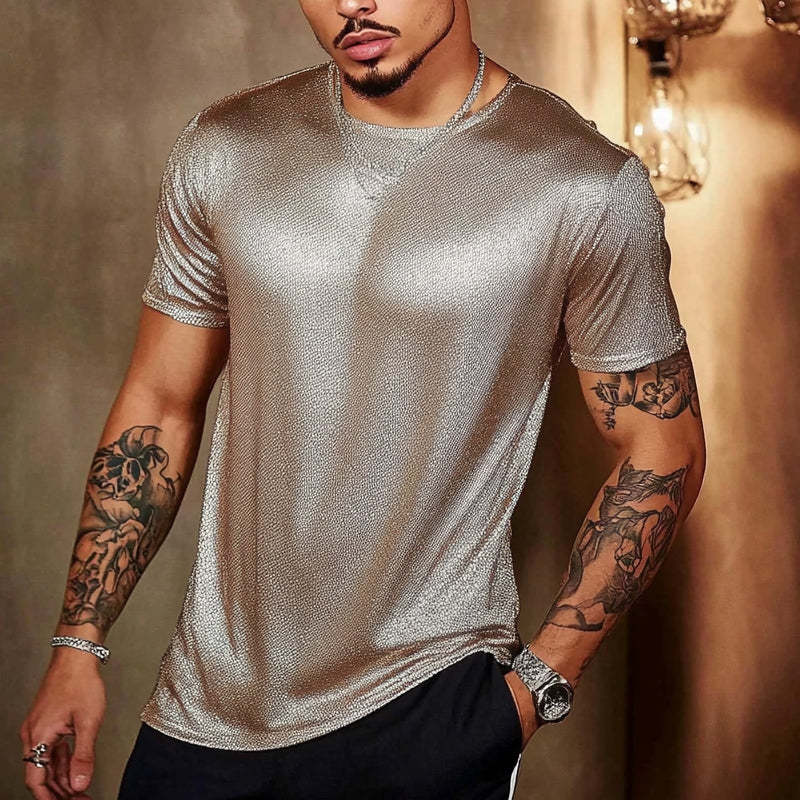 Camiseta de manga corta con cuello redondo y purpurina de color liso para hombre