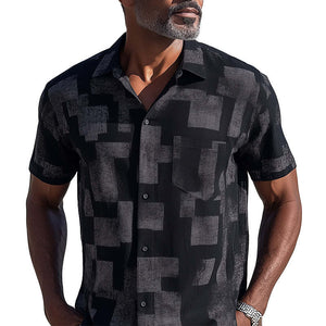 Men's Simple Printed Cotton And Linen Short-Sleeved Shirt