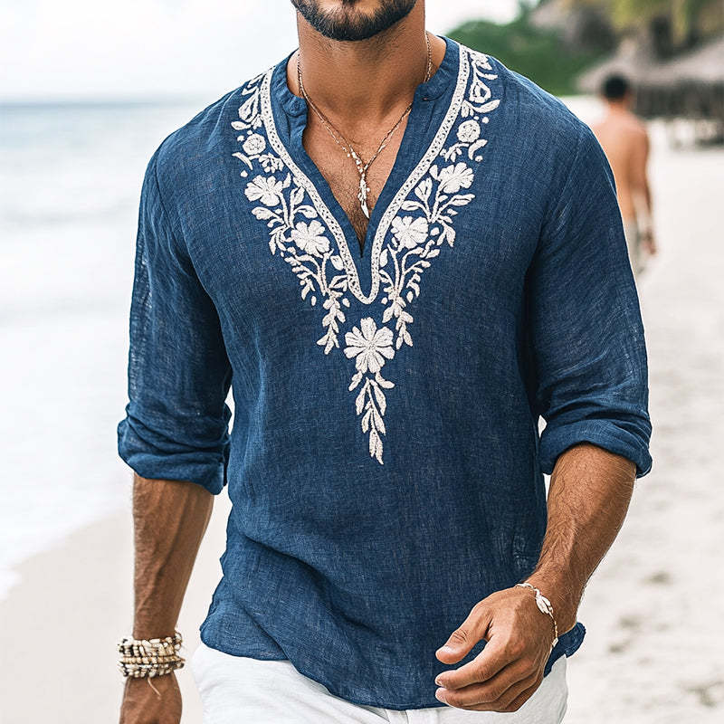 Camisa vintage informal de algodón y lino con cuello Henley, manga larga y bordado para hombre