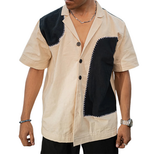 Camisa informal holgada de algodón con parches en contraste y manga corta para hombre