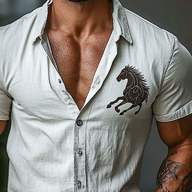 Men's Horse Print Lapel Short Sleeve Shirt