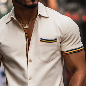 Camisa informal de manga corta de algodón y lino con costuras de cinta de colores y corte entallado para hombre