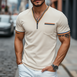 Men's Spring And Summer Fashion Casual V-neck Pocket Suede Short Sleeve T-shirt