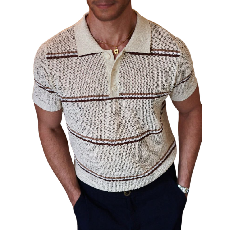 Herren Casual Revers Gestreiftes Jacquard Lose Gestricktes Kurzarm-Pullover-T-Shirt