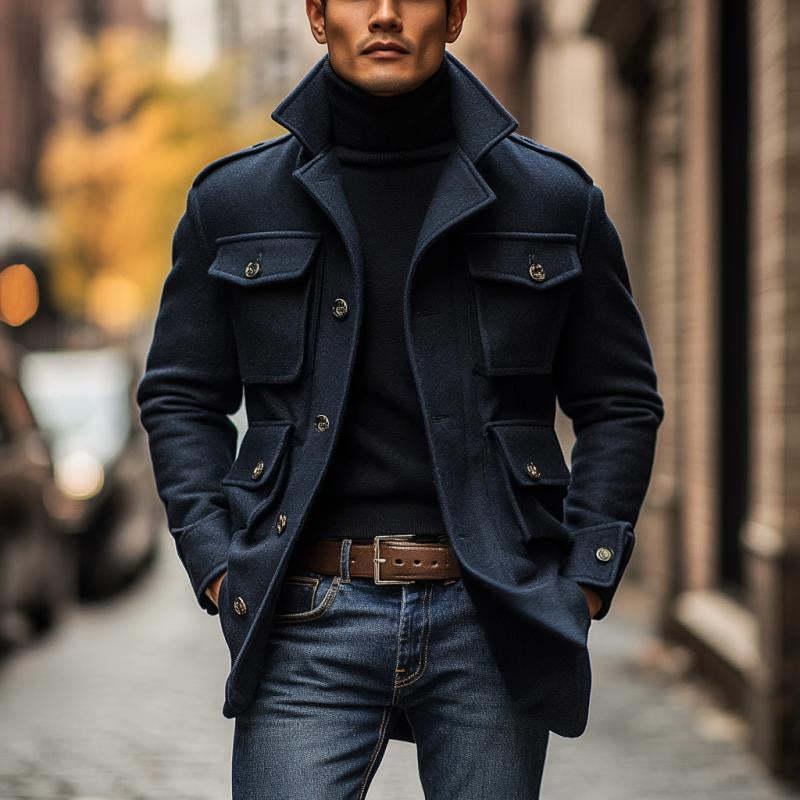 Men's Vintage Wool Blended Lapel 3D Pocket Single Breasted Slim Fit Coat