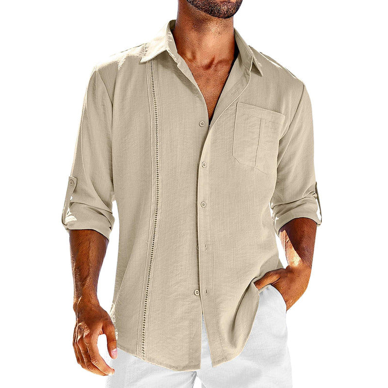 MEN'S COTTON AND LINEN LACE CASUAL WRIST POCKET CASUAL SHIRT