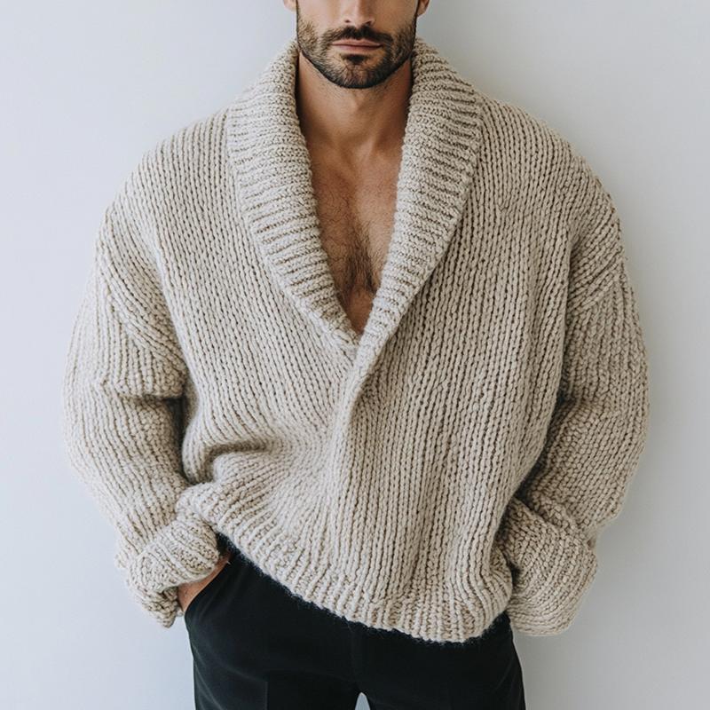 Herrenmode Oversize-Stil Einfarbig Revers Langarm Lässiger Strickpullover