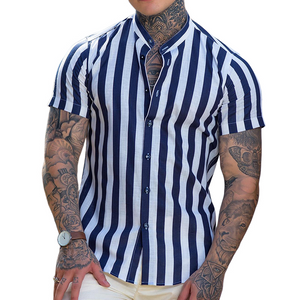 Men's Retro Stripe Print Linen Stand Collar Short Sleeve Shirt
