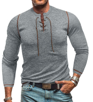 Camiseta Henley de manga larga con cuello redondo y lazo para hombre