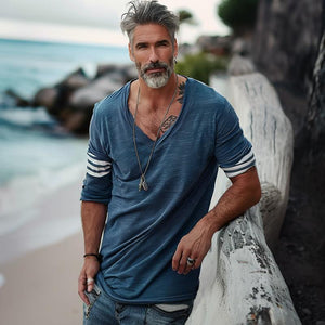 Lockeres Langarm-T-Shirt mit V-Ausschnitt und gestreiftem Patchwork für Herren