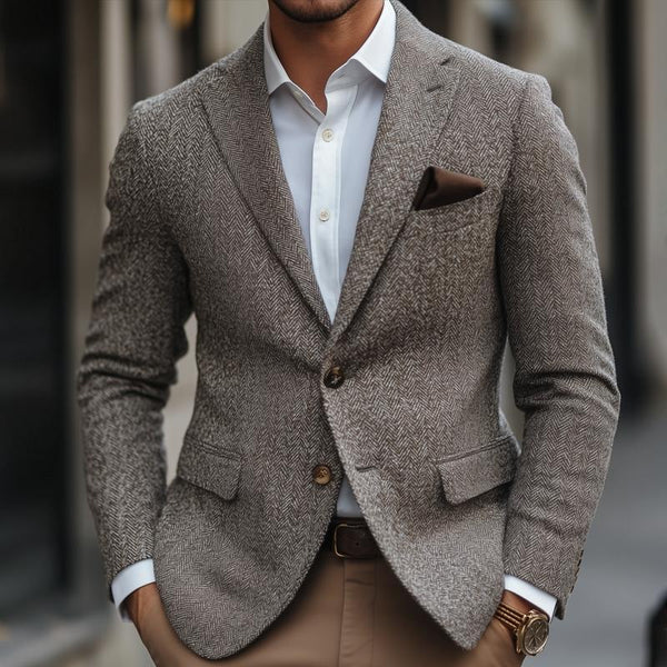 Men's Vintage Herringbone Notch Lapel Two Buttons Slim Blazer