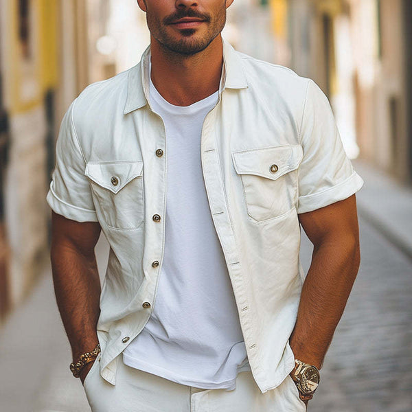 Camisa básica holgada de manga corta con solapa de verano para hombre