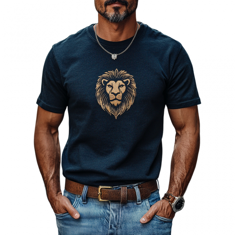 Camiseta informal de algodón con bordado de león para hombre, cuello redondo, corte entallado y manga corta