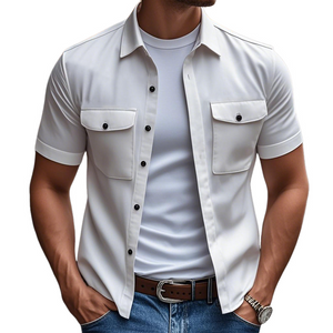 Camisa informal de algodón con solapa y bolsillo en el pecho para hombre, manga corta, holgada y cómoda