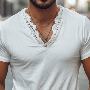 Camiseta de algodón de manga corta con cuello en V y costuras de encaje para hombre, de moda para primavera y verano
