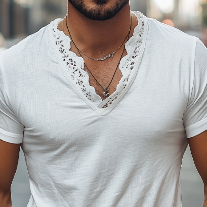 Herren Frühling und Sommer Modisches Kurzarm-T-Shirt aus Baumwolle mit V-Ausschnitt und Spitzennähten